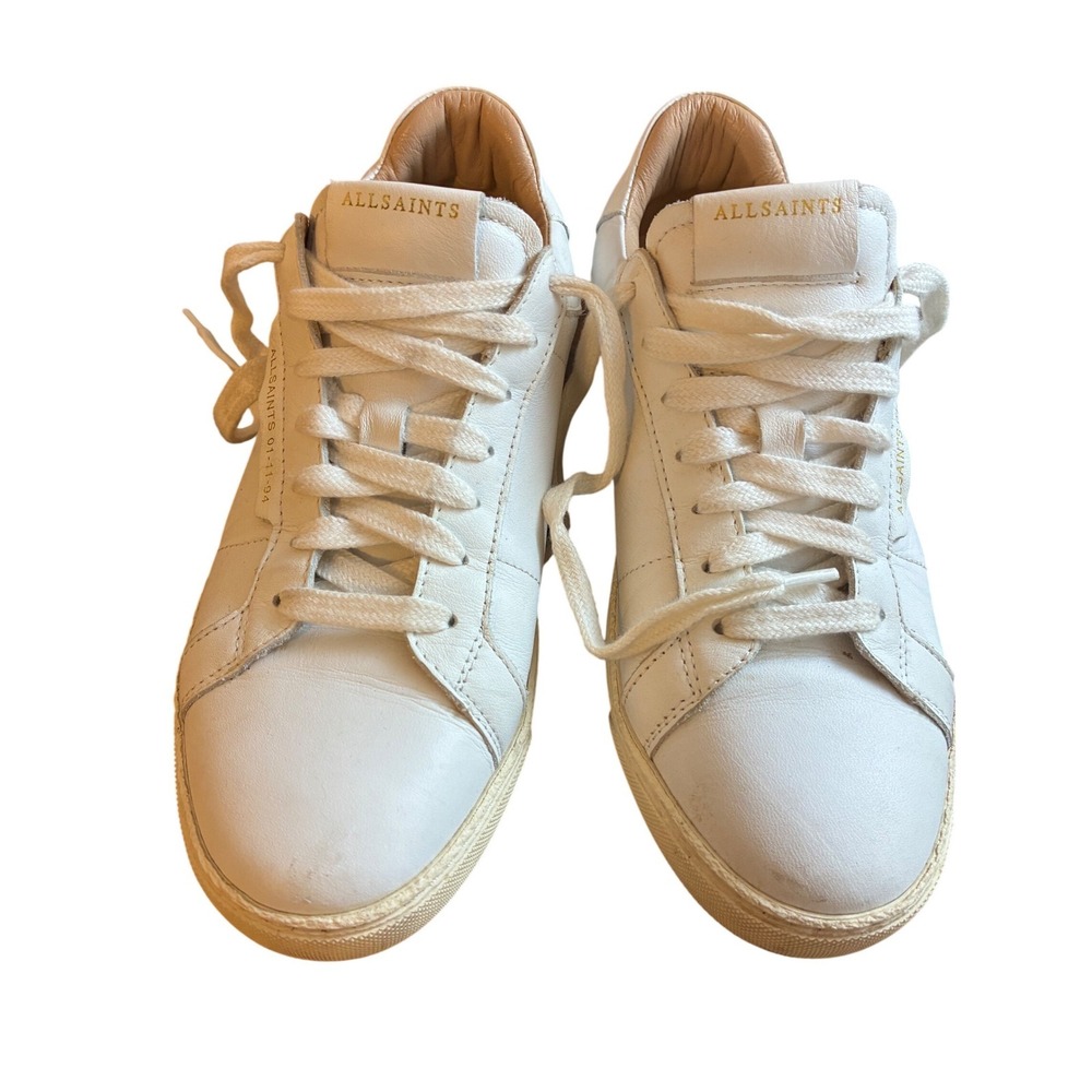 AllSaints Leather Sneakers White Low Top Gold Logo US 8 EU 38